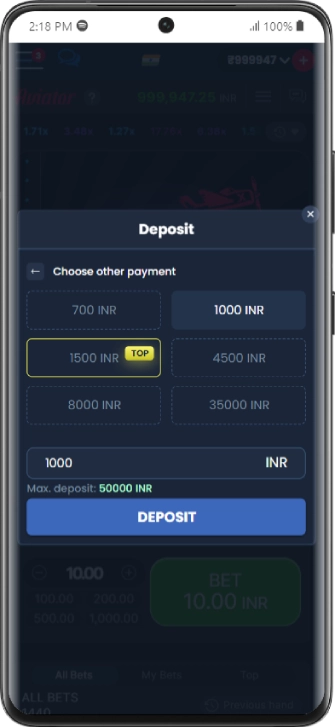 Aviator India app deposit options screen