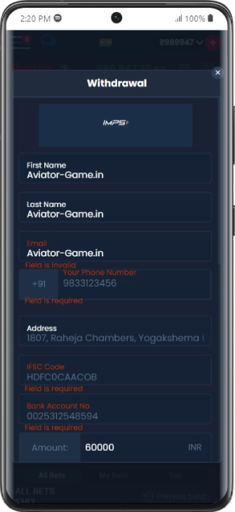Aviator official app withdrawal form screen