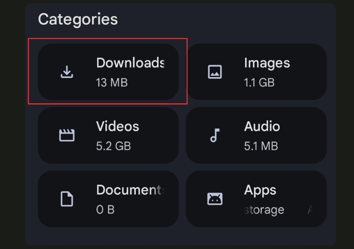 File manager categories with downloads highlighted